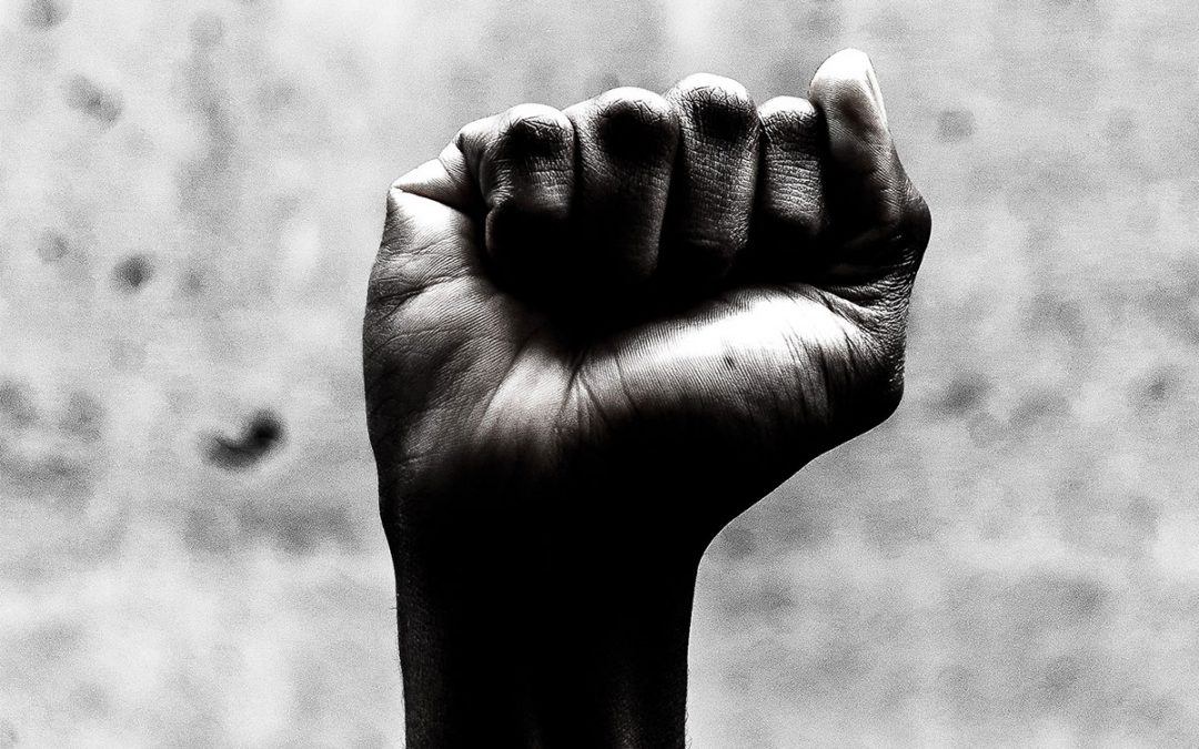 A raised fist in black and white